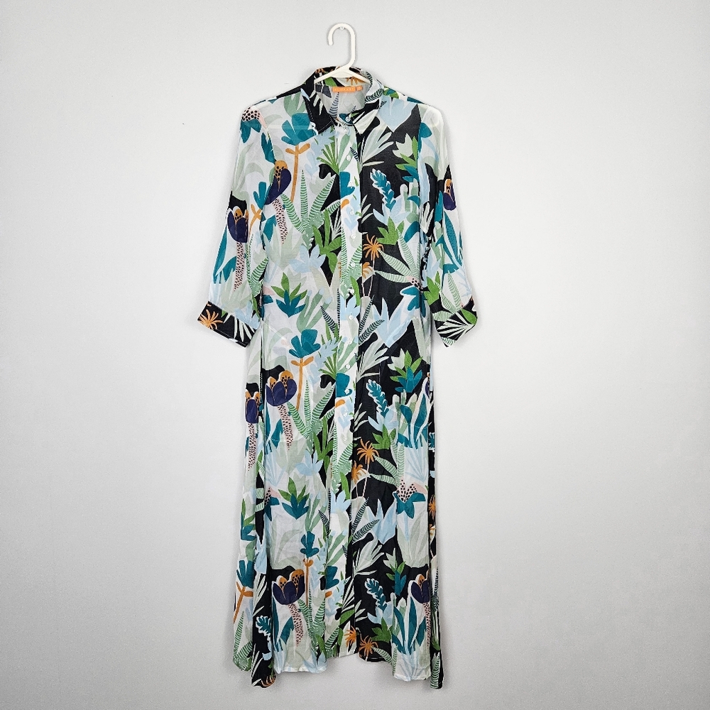 Oliphant Polly Palm Leaf Tropical Print Button-up Sheer Shirt Dress